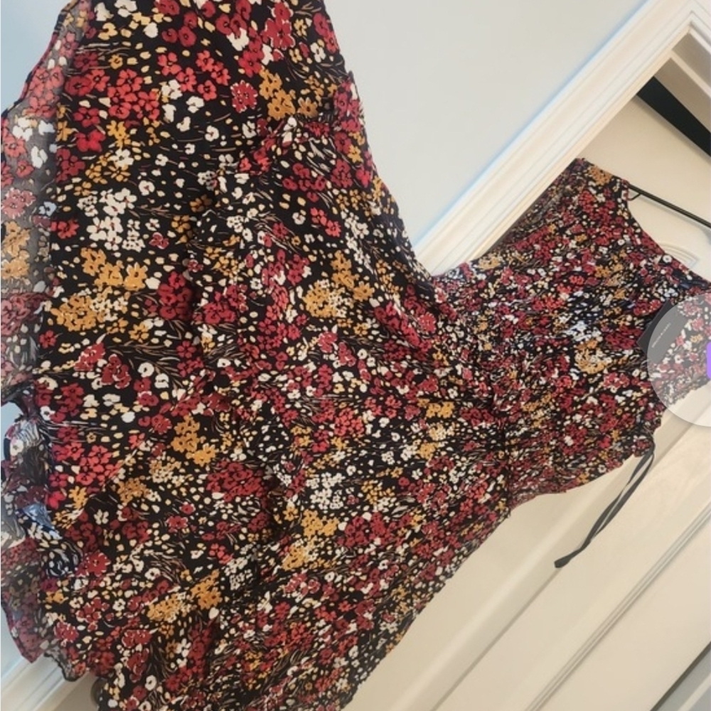 Floral Ruffle Midi Dress in Black with Red & Mustard Flowers